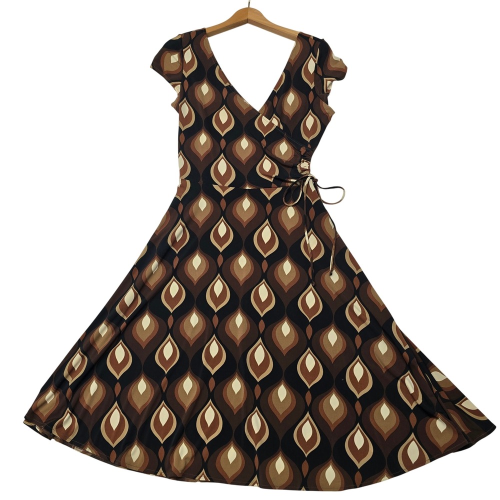 GNW Women Brown Geometric Faux Wrap Dress V-Neck Cap Sleeve Retro Print Size 8